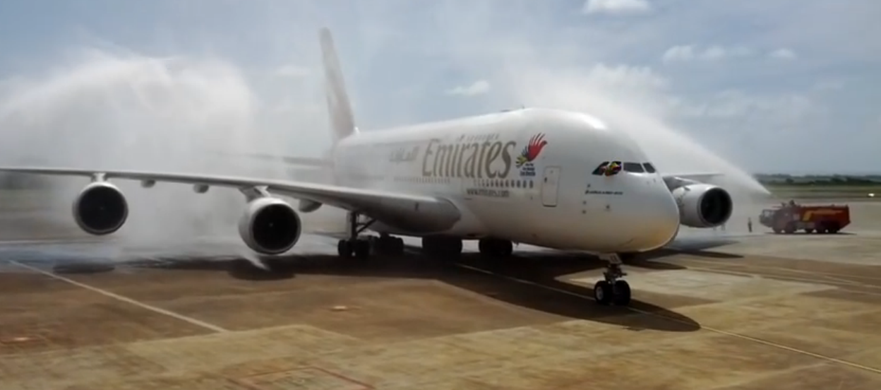 Emirates Airbus A380 A6-EEE Water Salute in MRU